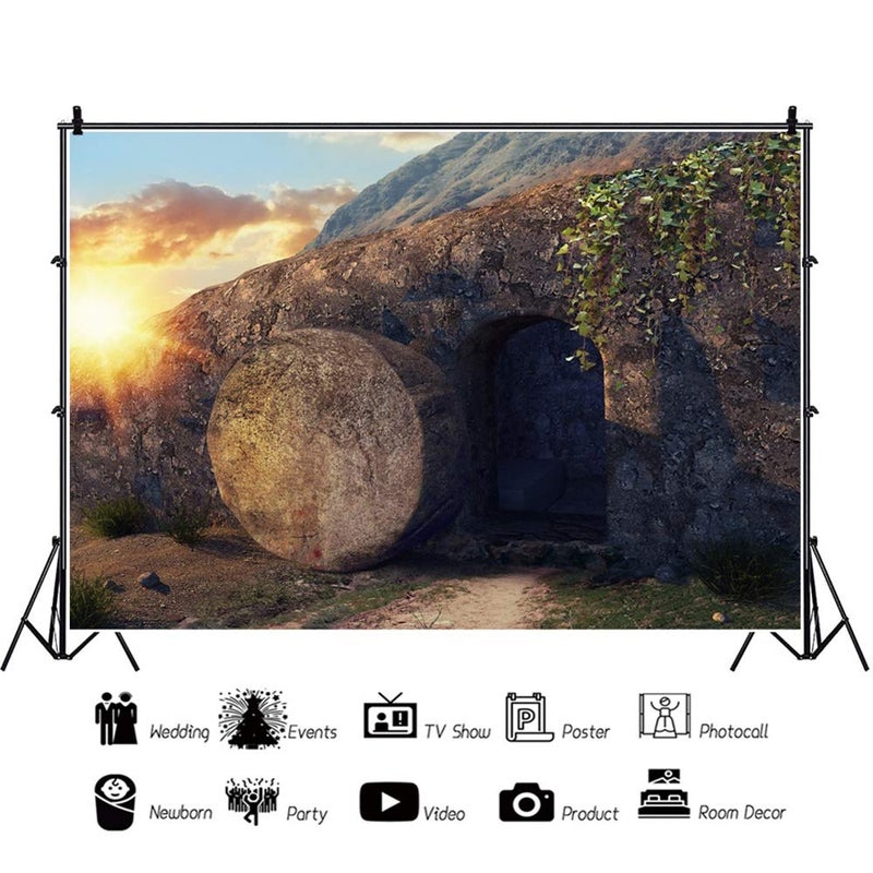 Leowefowa 10x8ft Resurrection of Jesus Backdrop Sunrise Jesus Tomb Remote Holy Light Vinyl Easter Background Rebirth of Jesus Bible Story Church Sanctuary Decor Christian Backdrop Church Muralâ€¦ - Image 3